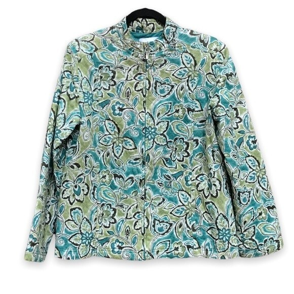 Alfred Dunner Quilted Full Zip Jacket Blue Green Brown Mock Neck Womens Size 10 - Picture 1 of 11